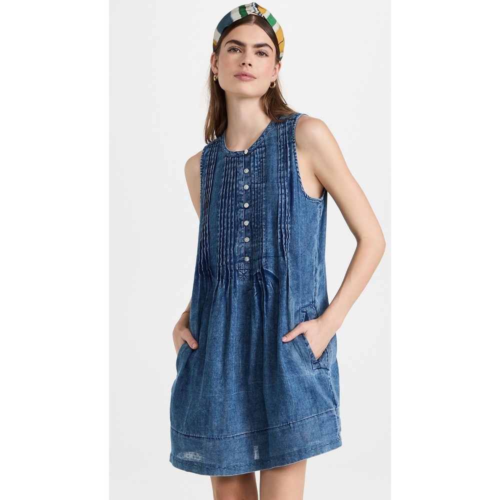Faherty Isha Pintuck Linen Swing Dress in Indigo Blue Size Small